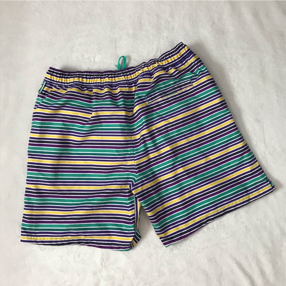 Perry Ellis Striped Men's Medium Swim Trunks Board Shorts Green Blue Yellow - Picture 10 of 13